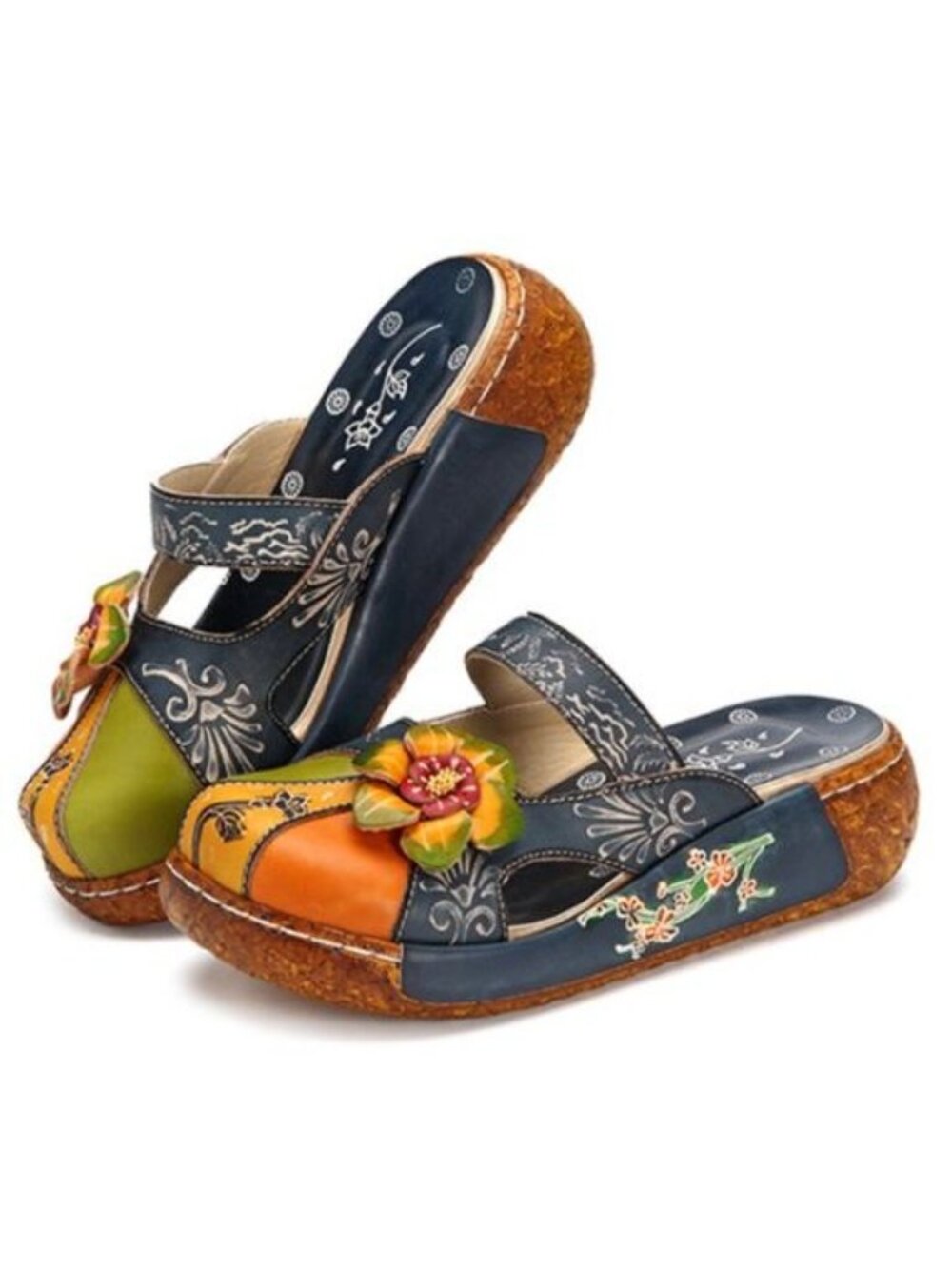 Women's Blue/Multi Flower Slip-On Leather Cut-Out Backless Platform Sandal Sz 41 - Picture 2 of 16
